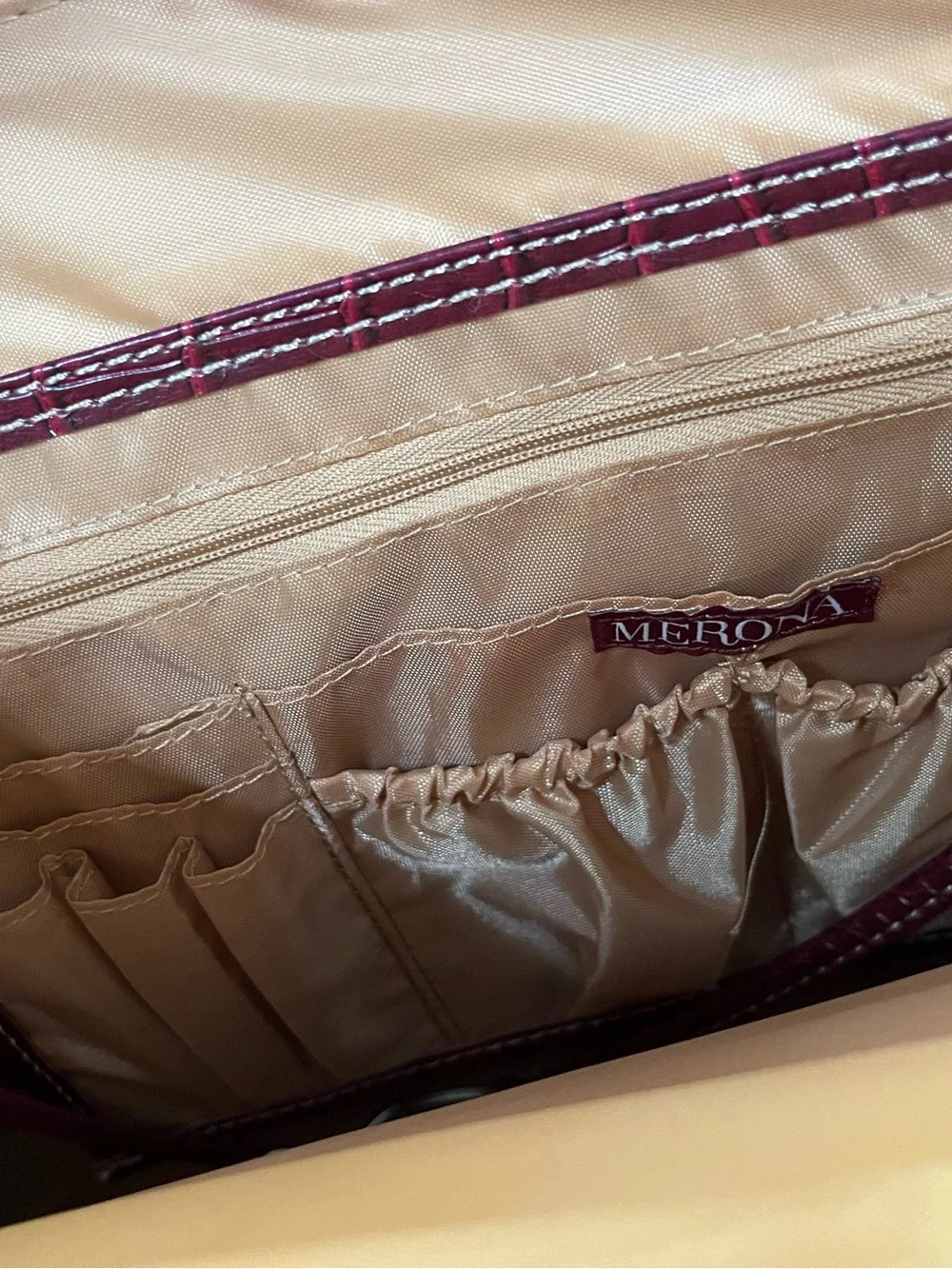 Merona Large Burgundy Tote Bag | Faux Alligator | Variety Pockets Inside